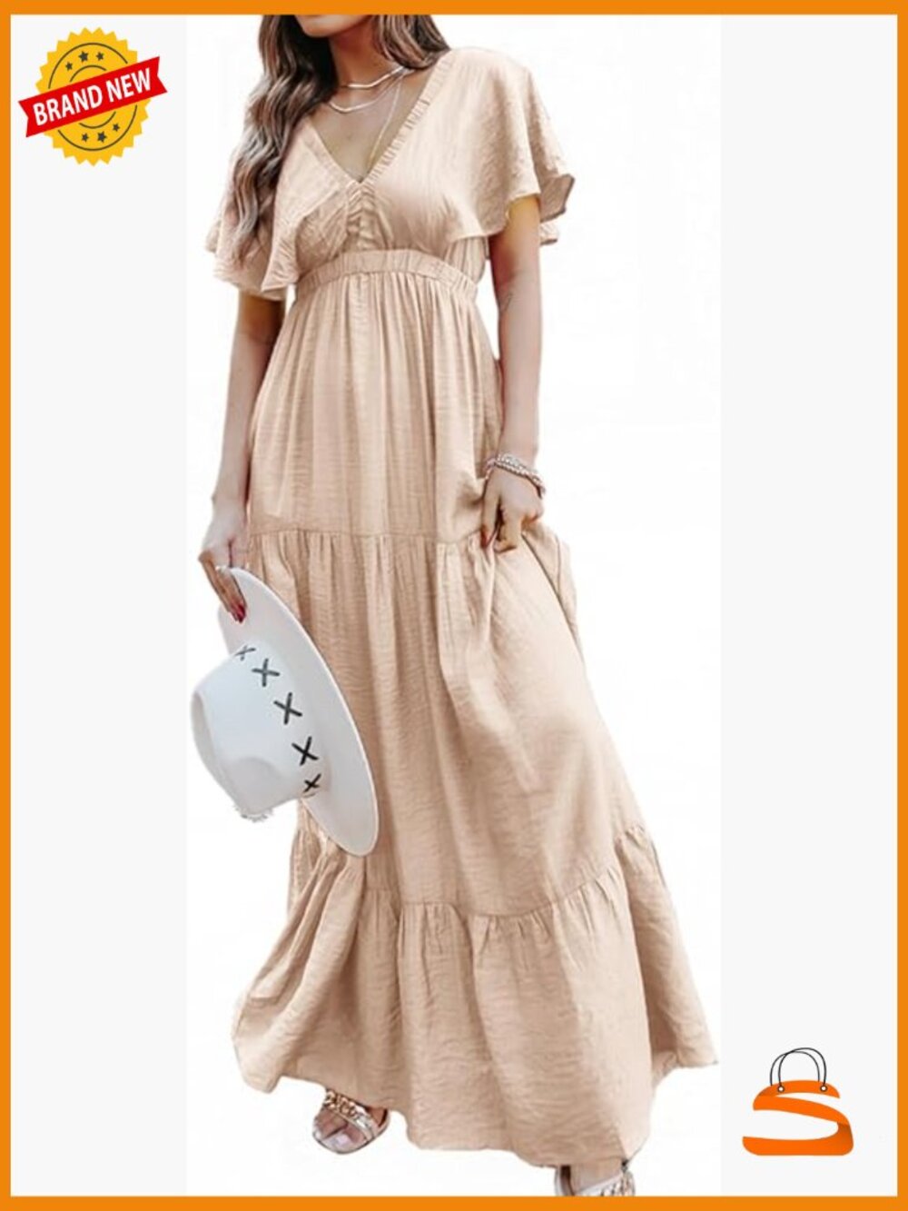 Women's Casual Short Sleeve V Neck Floral Maxi Dress Boho Beach Flowy Ruffle